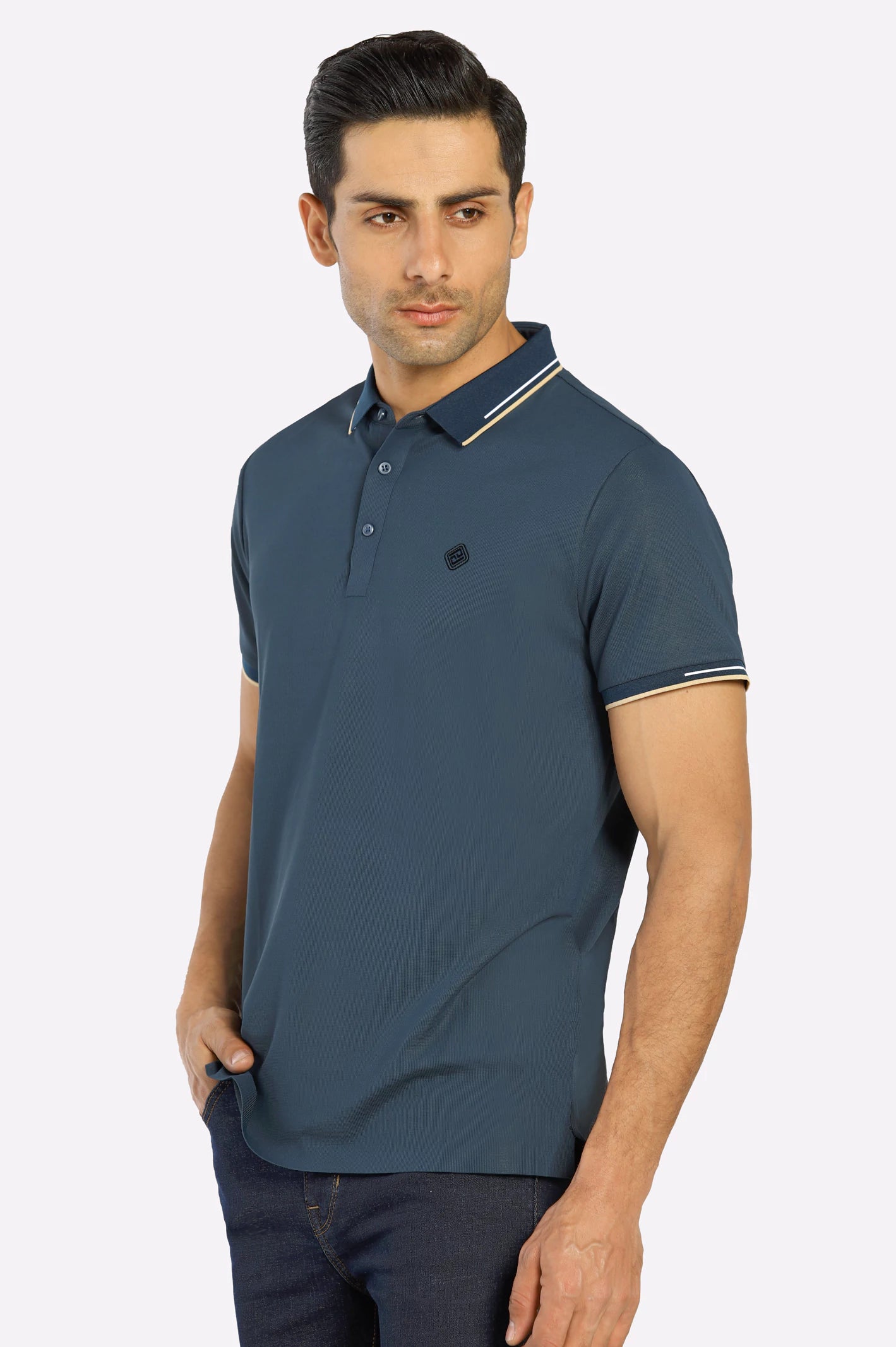 Men's Shirts with Raw-Edge HemlinesDark Blue Yarn Dyed Polo