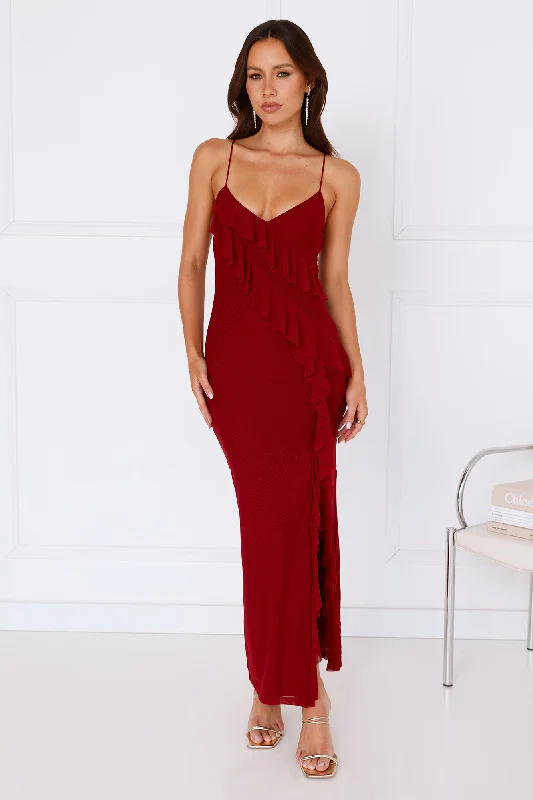 Flaunt It Girl Frill Mesh Maxi Dress Wine