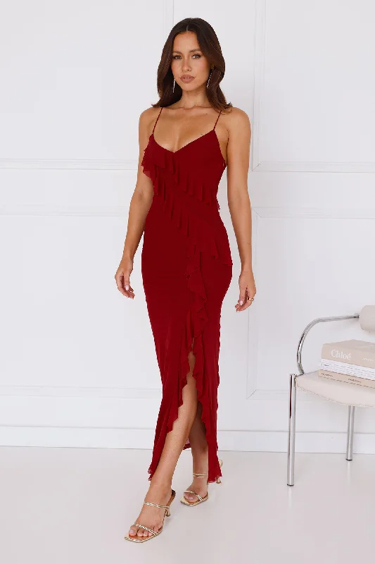 Flaunt It Girl Frill Mesh Maxi Dress Wine