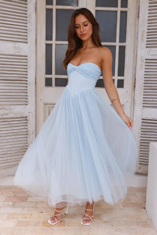 Worthy Of Diamonds Strapless Tulle Midi Dress Blue