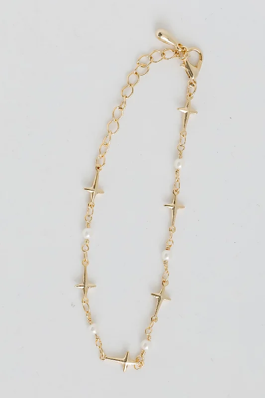 Charlotte Gold Cross + Pearl Chain Bracelet