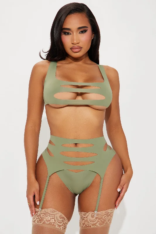 Cam Girl Strappy Slash Cutout 3 Piece Garter Set - Sage