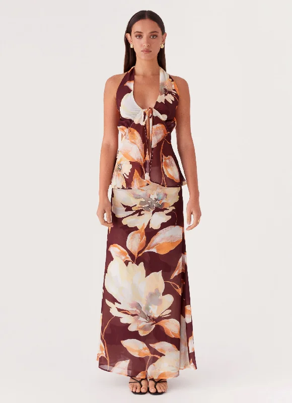 Camellia Halterneck Top - Brown Floral