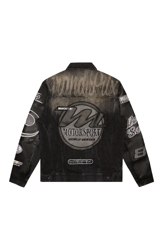 Embroidered Patched Racing Jean Jacket - Moon Black