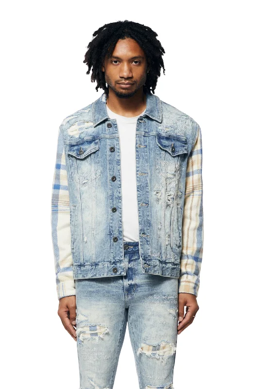 Embroidered Plaid Backed Jean Jacket - Lowell Blue