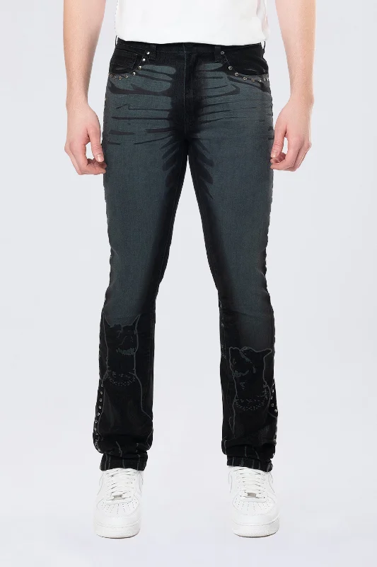 Long Slim Color Flocked Jeans - Dorset Black