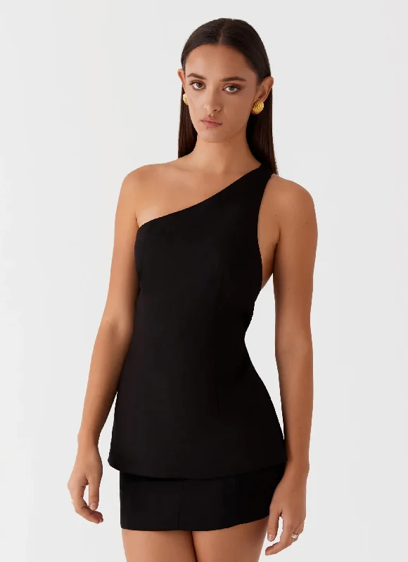 Olsen Linen One Shoulder Top - Black