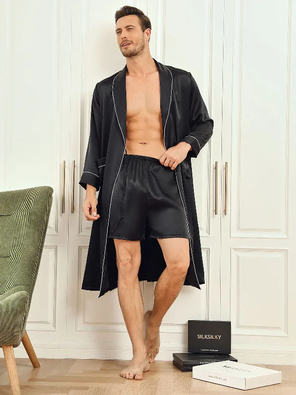 Pure Silk Piping Trim Belted Mens Dressing Gown + Shorts 2Pcs