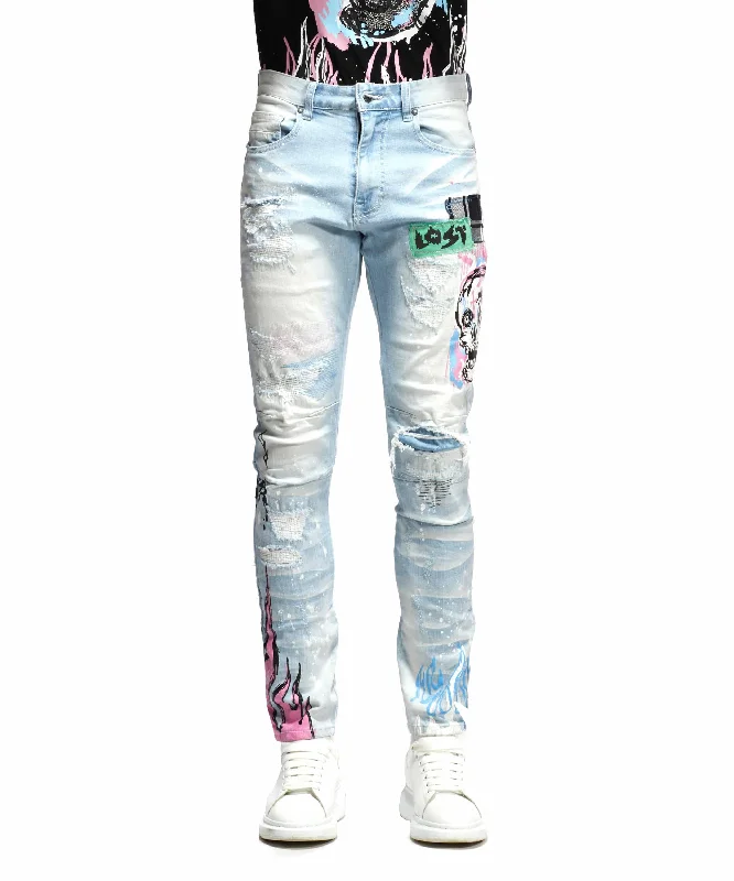 Skull & Flame Graphic Denim -Speckle Blue