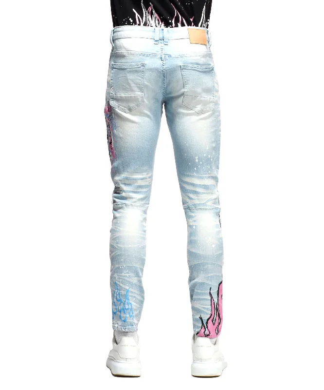 Skull & Flame Graphic Denim -Speckle Blue