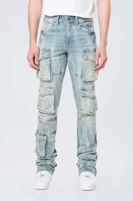 Stacked Flared Multi Pocket Cargo Jeans - Syosett Blue