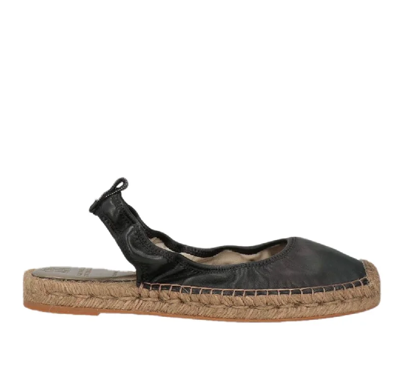 Brunello Cucinelli Leather Black Women's Espadrilles with Straw Bottom