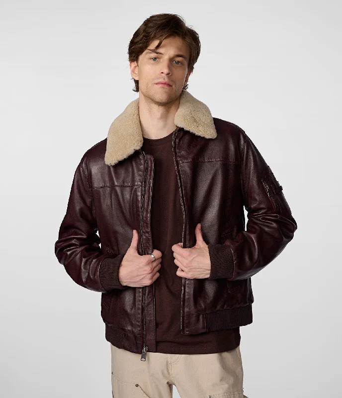 Waterproof Men's ParkasJimmy Leather Aviator Bomber Jacket With Shearling Collar